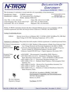 DECLARATION OF CONFORMITY According to EN/ISO/IEC[removed]This declaration of conformity is issued under the sole responsibility of the manufacturer. Manufacturer’s Name: