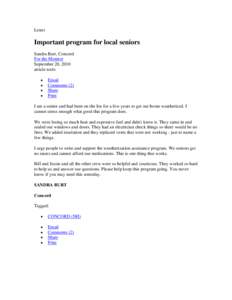 Letter  Important program for local seniors Sandra Burt, Concord For the Monitor September 20, 2010