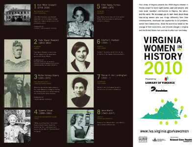 History project to honor eight women, past and present, who have made important contributions to Virginia, the nation, Jean Miller Skipwith, Lady Skipwith, assembled one of the largest libraries owned by a Virginia woman