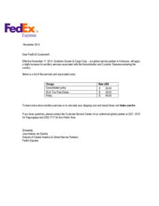 November 2014 Dear FedEx® Customer®: Effective November 1st, 2014, Gutierrez Courier & Cargo Corp. - our global service partner in Honduras, will apply a slight increase for ancillary services associated with the Natur