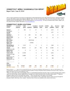 CONNECTICUT WEEKLY DIADROMOUS FISH REPORT Report Date: June 19, 2014 This is a report generated by the Connecticut Department of Environmental Protection/ Inland Fisheries Division- Diadromous Program. For more informati