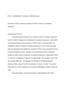 Part III - Administrative, Procedural, and Miscellaneous  Extension of time for employers required to furnish Forms W-2 to household employees  Announcement[removed]