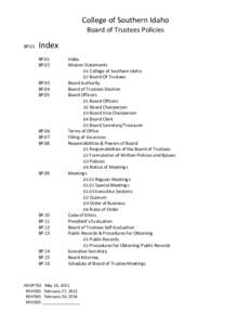 College of Southern Idaho Board of Trustees Policies BP.01 Index BP.01