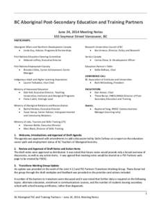 BC Aboriginal Post-Secondary Education and Training Partners June 24, 2014 Meeting Notes 555 Seymour Street Vancouver, BC PARTICIPANTS: Aboriginal Affairs and Northern Development Canada  Linda Guy, Advisor, Programs 