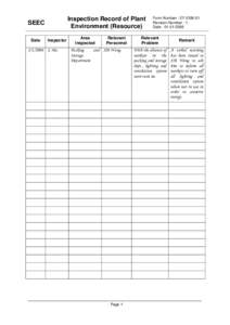 Inspection Record of Plant Environment (Resource) SEEC Date