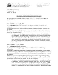 United States Department of Agriculture Animal and Plant Health Inspection Service Investigative and Enforcement Services Reference Number: CO10013-AC Issuance Date: March 27, 2013