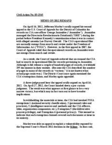 Civil Action No[removed]MEMO ON 2012 REMAND On April 16, 2012, Jefferson Morley’s orally argued his second appeal to the U.S. Court of Appeals for the District of Columbia for records on CIA case officer George Joanni