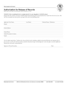 M arlborough School  Authorization for Release of Records Please return transcripts to the Admissions Office by January 31, [removed]PARENTS: After completing this form, please submit it to your daughter’s CURRENT school