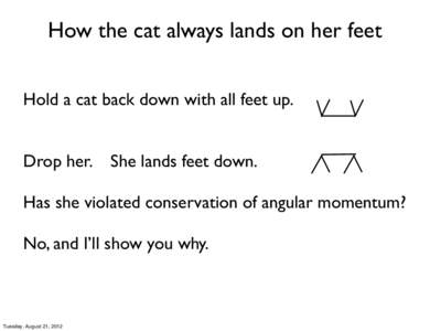 How the cat always lands on her feet Hold a cat back down with all feet up. Drop her. She lands feet down.