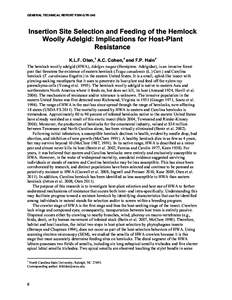 GENERAL TECHNICAL REPORT PSW-GTR-240  Insertion Site Selection and Feeding of the Hemlock Woolly Adelgid: Implications for Host-Plant Resistance K.L.F. Oten, 1 A.C. Cohen,1 and F.P. Hain1