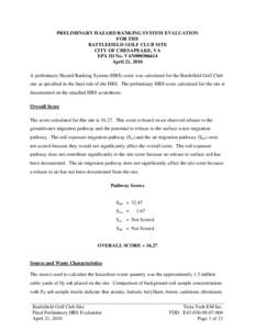 Preliminary Hazard Ranking System Evaluation for the Battlefield Golf Club Site - City of Chesapeake, VA - EPA ID No. VAN000306614 - April 21, 2010