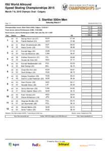 ISU World Allround Speed Skating Championships 2015 March 7-8, 2015 Olympic Oval - Calgary 2. Startlist 500m Men Saturday March 7