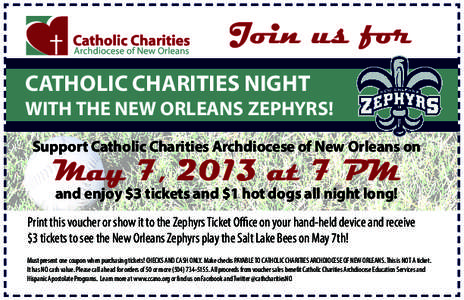 Join us for CATHOLIC CHARITIES NIGHT WITH THE NEW ORLEANS ZEPHYRS! Support Catholic Charities Archdiocese of New Orleans on