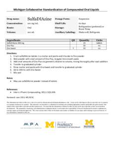 Michigan Collaborative Standardization of Compounded Oral Liquids Drug name: SulfaDIAzine  Dosage Form: