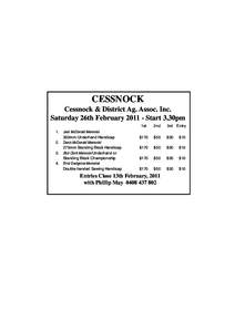 CESSNOCK Cessnock & District Ag. Assoc. Inc. Saturday 26th FebruaryStart 3.30pm.