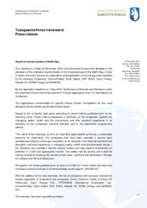 Aatsitassanik Ikummatissanillu Pisortaqarfik Bureau of Minerals and Petroleum Tusagassiorfinnut nalunaarut Press release