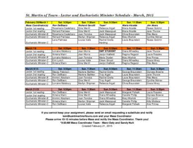 St. Martin of Tours - Lector and Eucharistic Minister Schedule - March, 2015 February 28/March 1 Mass Coordinator(s) Lector 1st reading Lector 2nd reading Eucharistic Minister-B