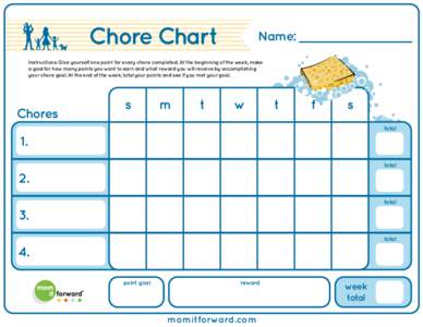 Chore Chart  Name: Instructions: Give yourself one point for every chore completed. At the beginning of the week, make a goal for how many points you want to earn and what reward you will receive by accomplishing