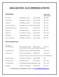 Suggested Accommodations Hotels/Motels Approximate price per room