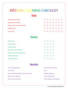 KITCHEN CLEANING CHECKLIST Daily Change Hand Towel Wipe Down Counters Wash, Dry, & Put Away Dishes Sweep Floors