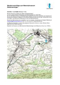 Wandervorschläge zum Mammutmuseum Niederweningen Variante 1: von Baden her (ca. 1½ h) Mit dem Postauto von Baden bis Höhtal (Oberehrendingen). Von dort ausgeschilderter Wanderweg nach Niederweningen (caMin.). 