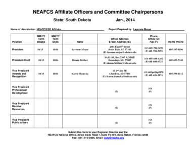 NEAFCS Affiliate Officers and Committee Chairpersons State: South Dakota Name of Association: NEAFCS/SD Affiliate Position