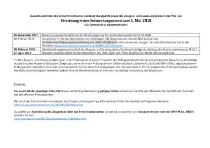 Ausschlussfristen des Schulministeriums/ Landesprüfungsamts sowie des Zeugnis- und Zulassungsbüros in der PSE zur  Einstellung in den Vorbereitungsdienst zum 1. MaiLA Gymnasien u. GesamtschulenNovember 20