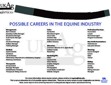 POSSIBLE CAREERS IN THE EQUINE INDUSTRY Management: Barn Foreman Boarding Facility Manager Broodmare Manager Dude Ranch Manager