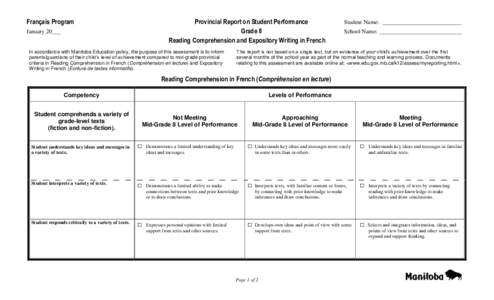 Français Program January 20___ Provincial Report on Student Performance Grade 8 Reading Comprehension and Expository Writing in French