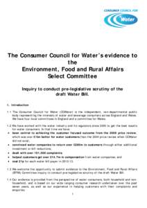 The Consumer Council for Water’s evidence to the Environment, Food and Rural Affairs Select Committee Inquiry to conduct pre-legislative scrutiny of the draft Water Bill.