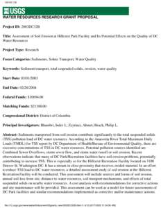 2003DC32B  WATER RESOURCES RESEARCH GRANT PROPOSAL Project ID: 2003DC32B Title: Assessment of Soil Erosion at Hillcrest Park Facility and Its Potential Effects on the Quality of DC Water Resources