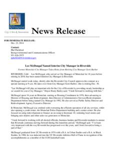 News Release FOR IMMEDIATE RELEASE: Dec. 22, 2014 Contact: Phil Pitchford Intergovernmental and Communications Officer