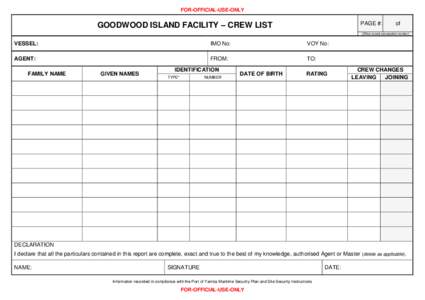 FOR-OFFICIAL-USE-ONLY  GOODWOOD ISLAND FACILITY – CREW LIST PAGE #: