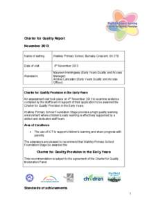 Charter for Quality Report November 2013 Name of setting Walkley Primary School, Burnaby Crescent, S6 2TS