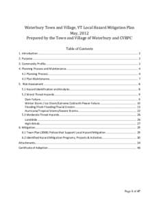 Waterbury Town and Village, VT Local Hazard Mitigation Plan May, 2012 Prepared by the Town and Village of Waterbury and CVRPC Table of Contents 1. Introduction ............................................................