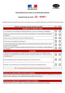 N°15699*01 Renouvellement de licence d’une fédération sportive Questionnaire de santé «