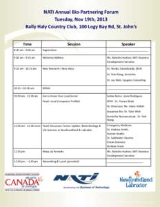 NATI Annual Bio-Partnering Forum Tuesday, Nov 19th, 2013 Bally Haly Country Club, 100 Logy Bay Rd, St. John’s Time  Session