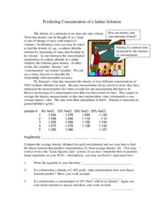 Predicting Concentration of a Saline Solution The density of a substance is its mass per unit volume. How are density and concentration related? (Note that density can be thought of as a slope or rate of change of mass w