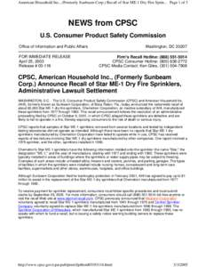 Bethesda /  Maryland / U.S. Consumer Product Safety Commission / Fire sprinkler / Sunbeam Products / Technology / Magnetix / Active fire protection / Fire suppression / Pearson PLC