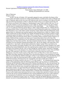 Southern Campaign American Revolution Pension Statements Pension Application of Joseph McPeters, W1303 Transcribed by James McDonald[removed]Spelling and punctuation not corrected. State of Tennessee Morgan County