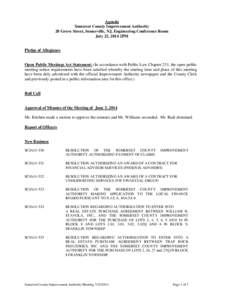 Agenda Somerset County Improvement Authority 20 Grove Street, Somerville, NJ, Engineering Conference Room July 22, 2014 2PM  Pledge of Allegiance