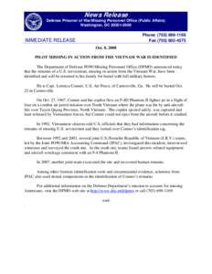 News Release Defense Prisoner of War/Missing Personnel Office (Public Affairs) Washington, DC[removed]Phone: ([removed]Fax[removed]