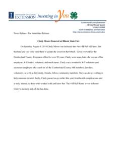 News Release: For Immediate Release  Cumberland County Extension 130 Courthouse Square Toledo IL[removed]3931 Fax: [removed]