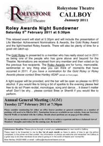Roleystone Theatre  CALLBOY JanuaryRoley Awards Night Sundowner