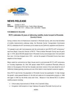 NEWS RELEASE Date: October 5, 2016 Contacts: Eliza Echevarria Perez, Public Affairs Manager – Office or – Mobile FOR IMMEDIATE RELEASE