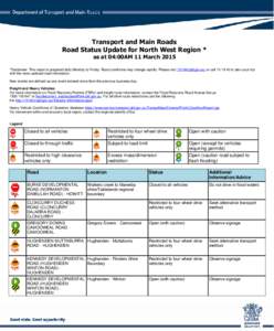 Transport and Main Roads Road Status Update for North West Region * as at 04:00AM 11 March 2015 *Disclaimer: This report is prepared daily Monday to Friday. Road conditions may change rapidly. Please visit[removed]qld.gov
