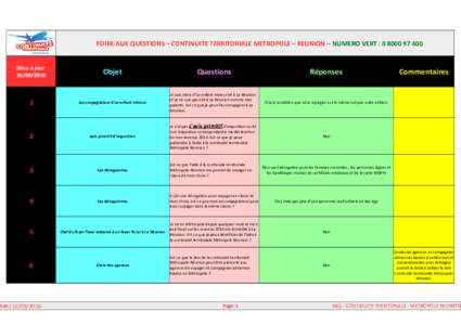 FOIRE AUX QUESTIONS – CONTINUITE TERRITORIALE METROPOLE – REUNION – NUMERO VERT : Mise à jourObjet