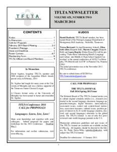 TFLTA NEWSLETTER VOLUME SIX, NUMBER TWO MARCH 2014 CONTENTS