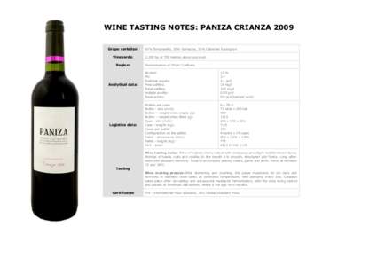 WINE TASTING NOTES: PANIZA CRIANZA 2009 Grape varieties: Vineyards: Region:  Analytical data: