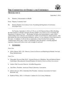 THE COMMITTEE ON ENERGY AND COMMERCE MEMORANDUM September 5, 2014 To:  Members, Subcommittee on Health